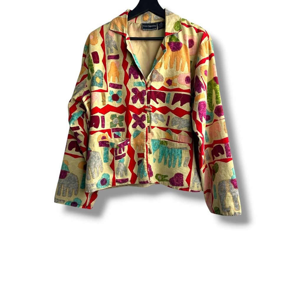New Identity Womens Elephant Print Cotton Toggle Jacket Multicolor‎ Large L